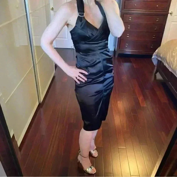 Le Chateau Cocktail Evening Dress Black Satin Halter Neck Bodycon Ruched Small - Picture 16 of 16